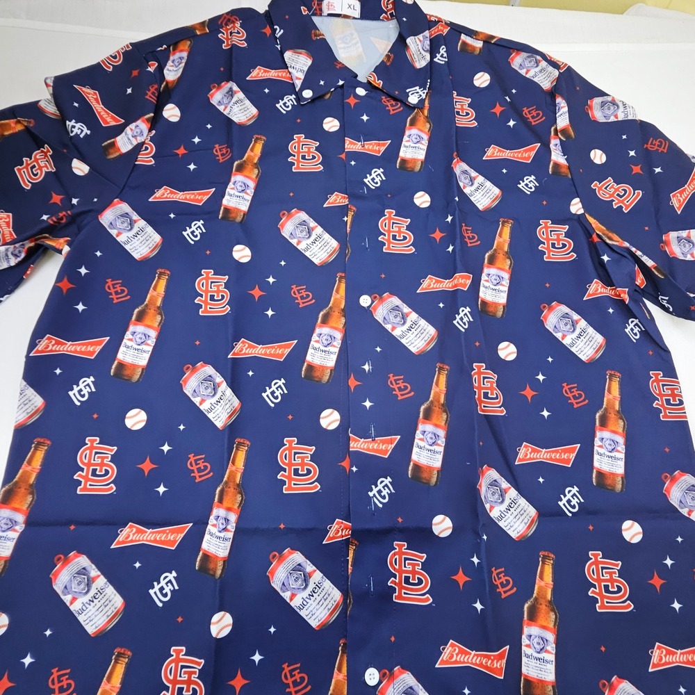 St Louis Cardinals MLB Budweiser Button Up Shirt Mens XL Navy Blue Baseball Beer